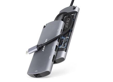 AXAGON HMC-6M2, USB 3.2 Gen 1 hub, porty 2x USB-A, HDMI, RJ-45 GLAN, SATA M.2 slot, PD 100W, kabel USB-C 18cm AXAGON HMC-6M2, USB 3.2 Gen 1 hub, porty 2x USB-A, HDMI, RJ-45 GLAN, SATA M.2 slot, PD 100W, kabel USB-C 18cm