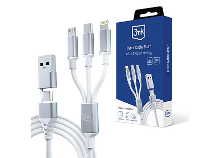 3mk nabíjecí kabel - Hyper Cable 3in1 A/C to C/Micro/Lightning 1.5m, bílá