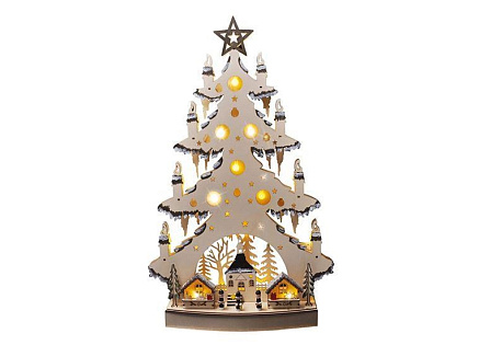 Solight LED dřevěný vánoční stromek s dekoracemi, 23x LED, přírodní barva, 64cm, 2x AA