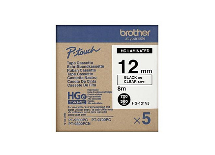 BROTHER HGE-131V5 Labelling Supplies, 12mm Black/Clear (5 pcs Pack) High Grade Tape