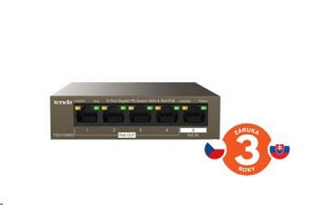 Tenda TEG1105PD - 5-port PoE PD Gigabit Ethernet Switch, 1x PoE IN, 4x PoE OUT, Kov, Fanless