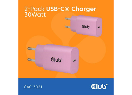 Club3D Nabíječka, USB-C, Power Delivery 15V/2A, 2-pack, růžová