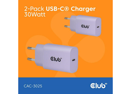 Club3D Nabíječka, USB-C, Power Delivery 15V/2A, 2-pack, fialová