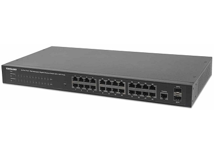Intellinet 24-Port PoE Web-Managed Gigabit Switch with 2 SFP Ports (180 W), 24 PoE+/PoE ports 802.3at/af