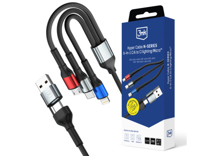 3mk kabel Hyper Cable N-SERIES 6 in 1 C/A to C/Lightning/Micro 1.2m QC 3.0 9V/2A 18W Black