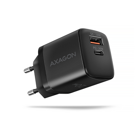 AXAGON ACU-PQ20, nabíječka do sítě 20W, 2x port (USB-A + USB-C), PD3.0/PPS/QC4+/AFC/Apple, černá AXAGON ACU-PQ20, nabíječka do sítě 20W, 2x port (USB-A + USB-C), PD3.0/PPS/QC4+/AFC/Apple, černá