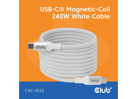 Club3D Kabel magnetický USB-C, 240W PD3.1, 480 Mbps, 2m, bílá