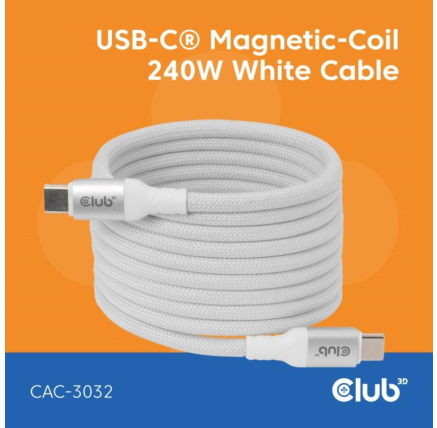 Club3D Kabel magnetický USB-C, 240W PD3.1, 480 Mbps, 2m, bílá Club3D Kabel magnetický USB-C, 240W PD3.1, 480 Mbps, 2m, bílá