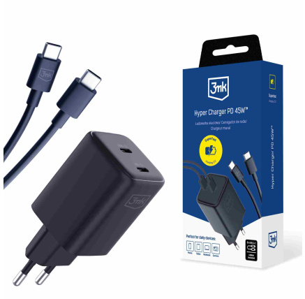 3mk síťová nabíječka Hyper Charger PD 45W+USB Cable C to C Black 3mk síťová nabíječka Hyper Charger PD 45W+USB Cable C to C Black