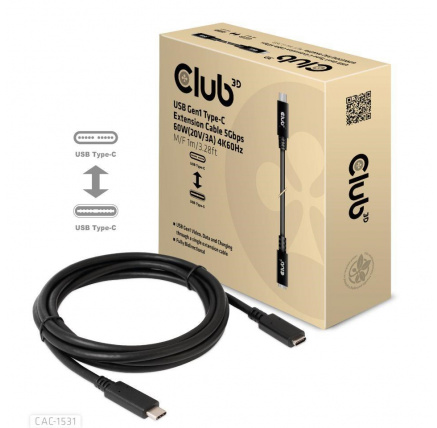 Club3D Prodlužovací kabel USB-C, 5Gbps, 60W(20V/3A), 4K60Hz (M/F), 1m Club3D Prodlužovací kabel USB-C, 5Gbps, 60W(20V/3A), 4K60Hz (M/F), 1m