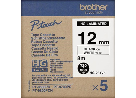 BROTHER HGE-231V5 Labelling Supplies, 12mm Black/White (5 pcs Pack) High Grade Tape