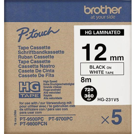 BROTHER HGE-231V5 Labelling Supplies, 12mm Black/White (5 pcs Pack) High Grade Tape