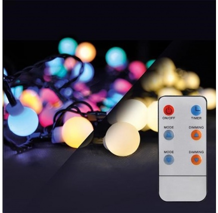 Solight LED 2v1 venkovní vánoční řetěz, koule, dálkový ovladač, 200LED, RGB+bílá, 20m+5m, 8 funkcí, IP44