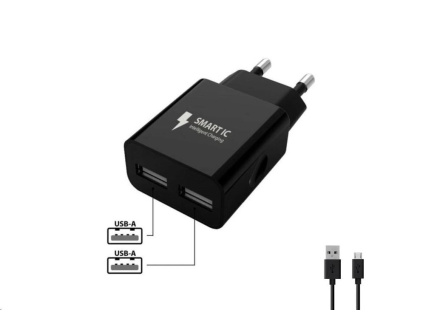 WG - Síťová nabíječka 2x USB-A 2,4A , Smart IC + kabel USB-A na Micro USB, black