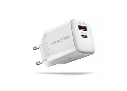 AXAGON ACU-PQ20W, nabíječka do sítě 20W, 2x port (USB-A + USB-C), PD3.0/PPS/QC4+/AFC/Apple, bílá