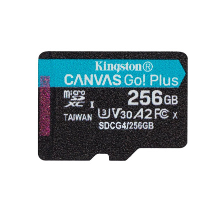 Kingston MicroSDXC karta 256GB Canvas Go! Plus, R:200/W:160MB/s, Class 10, UHS-I, U3, V30, A2 + Adaptér