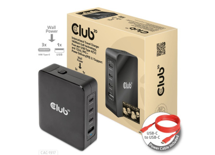 Club3D cestovní nabíječka 140W GaN technologie, 3xUSB-C, 1xUSB-A, PPS + PD 3.1 Support