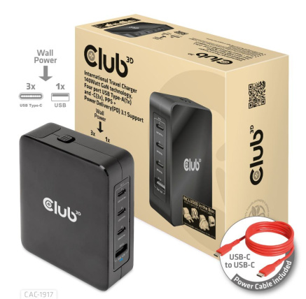 Club3D cestovní nabíječka 140W GaN technologie, 3xUSB-C, 1xUSB-A, PPS + PD 3.1 Support Club3D cestovní nabíječka 140W GaN technologie, 3xUSB-C, 1xUSB-A, PPS + PD 3.1 Support