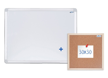 Magnetická tabule AVELI 60x45 cm, hliníkový rám+korková nástěnka 30x30 cm