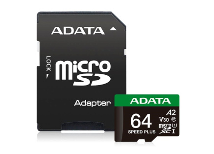 ADATA MicroSDXC karta 64GB Speed Plus, U3, C10, A2, V30 (R:160/W:140 MB/s) + SD adaptér