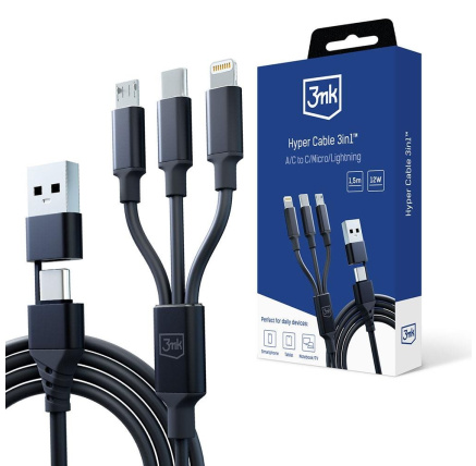 3mk nabíjecí kabel - Hyper Cable 3in1 A/C to C/Micro/Lightning 1.5m, černá 3mk nabíjecí kabel - Hyper Cable 3in1 A/C to C/Micro/Lightning 1.5m, černá