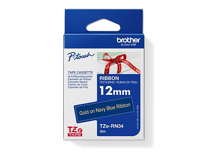 BROTHER TZE-RN34 - kazeta TZ šířky 12mm, TEXTILNÍ páska 4m- pro tvorbu dárků - NELEPÍCÍ - MODRÁ PÁSKA, ZLATÝ POTISK gold