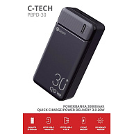 BAZAR - C-TECH Powerbanka 30000mAh, Li-Pol, 20W, USB-C/USB-A/micro USB, poškozený obal