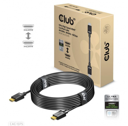 Club3D Ultra Rychlý HDMI™ Certifikovaný, 4K120Hz 8K60Hz 48Gbps M/M 5m/16.4ft, 28 AWG Club3D Ultra Rychlý HDMI™ Certifikovaný, 4K120Hz 8K60Hz 48Gbps M/M 5m/16.4ft, 28 AWG