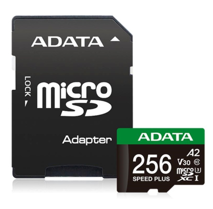 ADATA MicroSDXC karta 256GB Speed Plus, U3, C10, A2, V30 (R:180/W:160 MB/s) + SD adaptér