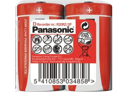 PANASONIC Zinkouhlíkové baterie Red Zinc R20RZ/2P D 1,5V (shrink 2ks)