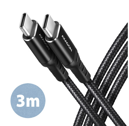 AXAGON BUCM-CM30AB, HQ kabel USB-C <-> USB-C, 3m, USB 2.0, PD 60W 3A, ALU, oplet, černý
