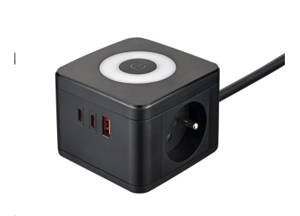 Viking síťový adaptér YC23L, 2x 230 V, 1x USB-A, 2x USB-C, dotykové světlo, délka 1,4 m, černá
