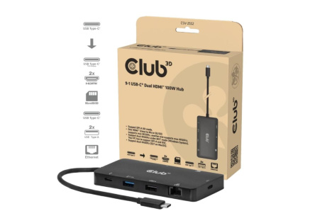 Club3D Dokovací stanice USB-C 9v1, 2xHDMI, 1xUSB-C, 1xUSB-C PD, 2xUSB, 1xRJ45, microSD/SD, černá