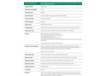 HPE PL ML350g12 6505P (2.2/12C) 1x32G (P69727) 2x4TB 4LFF MR408i-o2x1000W 1GbE NBD333 Smart Choice