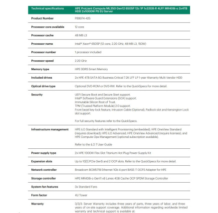 HPE PL ML350g12 6505P (2.2/12C) 1x32G (P69727) 2x4TB 4LFF MR408i-o2x1000W 1GbE NBD333 Smart Choice