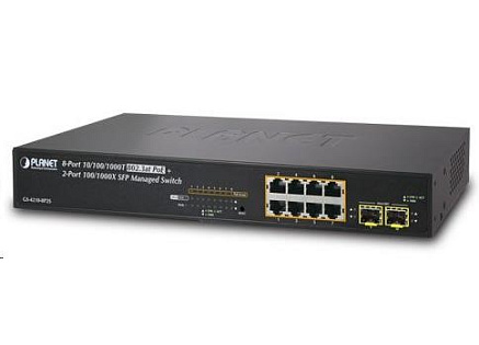 Planet GS-4210-8P2S PoE+ switch 8x 10/100/1000Base-T, 2x SFP, 802.3at do 120W, VLAN, SNMP/WEB