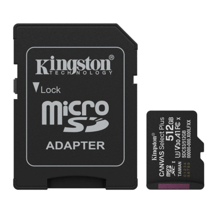 Kingston MicroSDXC karta 512GB Canvas Select Plus, U3, V30, A1, SD Adaptér