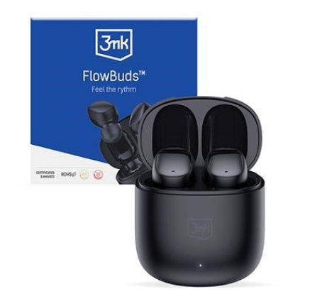3mk bezdrátová stereo sluchátka FlowBuds, nabíjecí pouzdro, černá