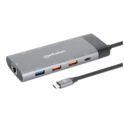 MANHATTAN Dokovací stanice USB-C 10v1, 2xHDMI, 2xUSB-C, 5xUSB, 1xRJ45, šedá MANHATTAN Dokovací stanice USB-C 10v1, 2xHDMI, 2xUSB-C, 5xUSB, 1xRJ45, šedá