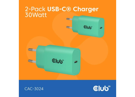 Club3D Nabíječka, USB-C, Power Delivery 15V/2A, 2-pack, zelená