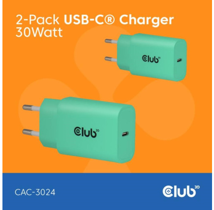 Club3D Nabíječka, USB-C, Power Delivery 15V/2A, 2-pack, zelená Club3D Nabíječka, USB-C, Power Delivery 15V/2A, 2-pack, zelená