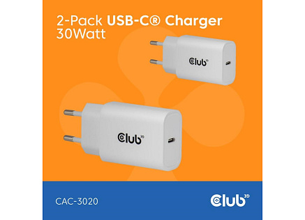 Club3D Nabíječka, USB-C, Power Delivery 15V/2A, 2-pack, bílá