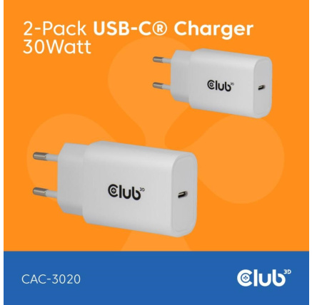 Club3D Nabíječka, USB-C, Power Delivery 15V/2A, 2-pack, bílá Club3D Nabíječka, USB-C, Power Delivery 15V/2A, 2-pack, bílá