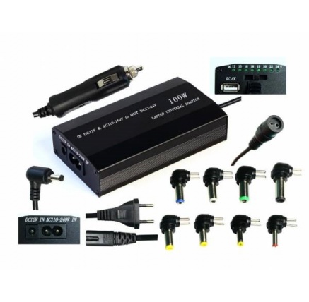 EUROCASE univerzální napájecí adaptér 100W, AC 110-240V/CAR DC 12V, DC 12- 20, 9 koncovek