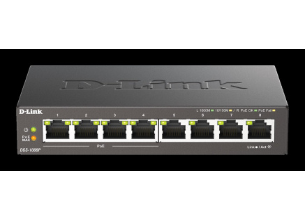 D-Link DGS-1008P 8-port Gigabit Desktop Switch, 4 porty jsou PoE+, PoE budget 68W