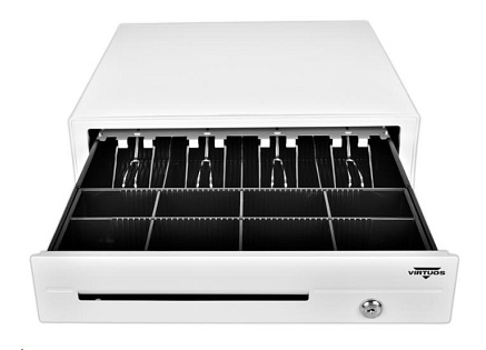 Virtuos pokladní zásuvka C420D - s kabelem, kovové držáky, 9-24V, bílá