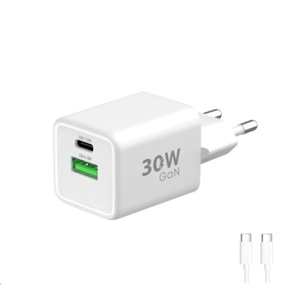 WG - Síťová nabíječka GaN 2x USB 30W, 1x USB-C PD3.0 PPS QC4 30W + USB-A 18W, kabel Type-C na Type-C, bílá WG - Síťová nabíječka GaN 2x USB 30W, 1x USB-C PD3.0 PPS QC4 30W + USB-A 18W, kabel Type-C na Type-C, bílá