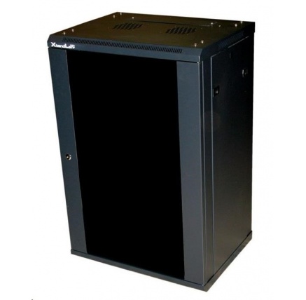 XtendLan 19" nástěnný rozvaděč 18U 600x600, nosnost 60 kg, skleněné kouřové dveře, rozložený, černý