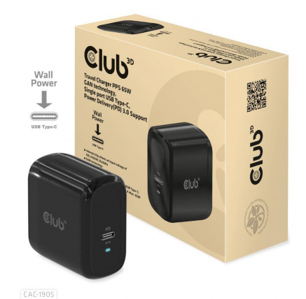 Club3D cestovní nabíječka PPS 65W GAN technologie, USB Type-C, Power Delivery(PD) 3.0 Support Club3D cestovní nabíječka PPS 65W GAN technologie, USB Type-C, Power Delivery(PD) 3.0 Support