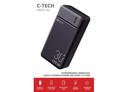 C-TECH Powerbanka 30000mAh, Li-Pol, 20W, USB-C/USB-A/micro USB